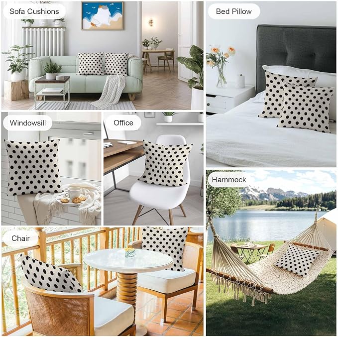 Outdoor Waterproof Throw Pillow Covers Set of 2 Black White Polka Dots Pillowcases 24x24 Inches Cute Solid Color Linen Decorative Pillows Cushion Case Patio Pillows for Couch Bed Chair Garden