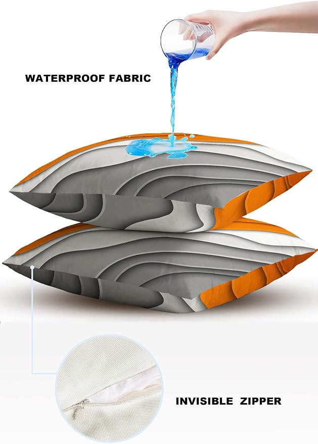 Funy Decor Waterproof Outdoor Throw Pillow Cover Orange Grey Modern Geometric Lumbar Pillowcases Set of 2 Abstract Ombre Decorative Patio Furniture Pillows for Couch Garden 26x26 inch x 2pcs