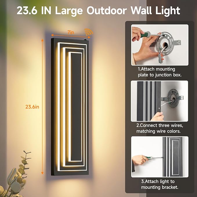 Dusk to Dawn Outdoor LED Wall Lights,3-Tier 23.6 in,36W,2 Packs | Black Long Exterior Lighting Fixtures,Modern Porch Light,Waterproof Outside Lights For House,Garage, Patio,3000K Warm White