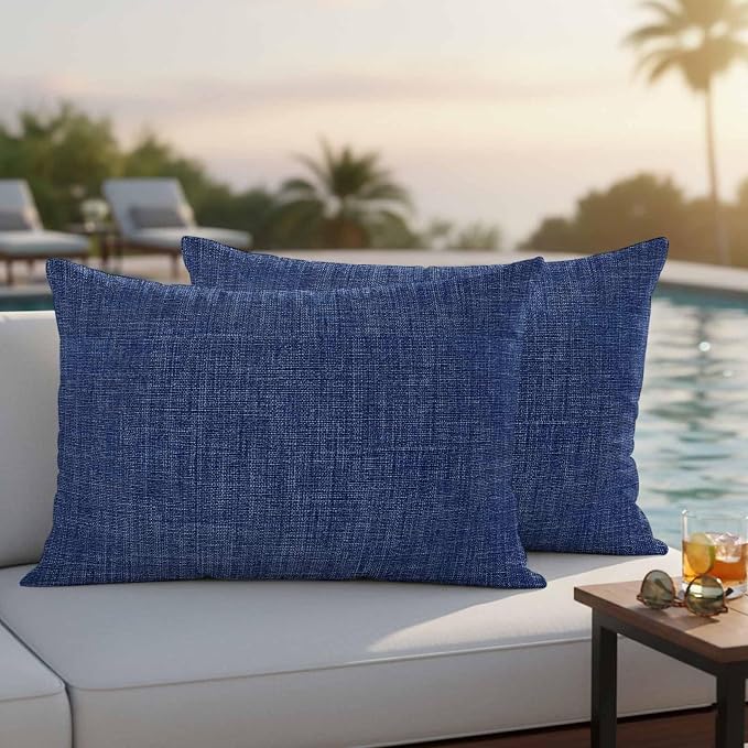 Outdoor Waterproof Throw Pillow Covers Set of 2 Navy Blue Linen Lumbar Pillowcases 20x12 Inches Farmhouse Pure Color Decorative Pillows Cushion Case Patio Pillows for Couch Bed Chair Garden