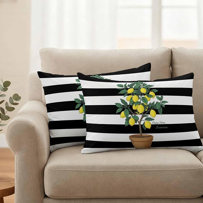 Summer Lemons Outdoor Waterproof Pillow Covers Set of 2, Yellow Fruit Leaf Black White Striped Abstract Pillowcase Decorative Throw Cushion Cases for Patio Garden Couch 20 x 12 Inches