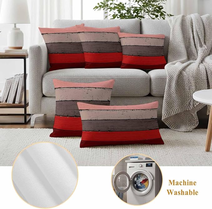 Outdoor Throw Pillow Covers 18X18 Set of 2 Waterproof Ombre Christmas Red Brown Decorative Zippered Cushion Covers for Patio Furniture, Farmhouse Retro Rustic Barn Wood Texture Lumbar Pillowcases