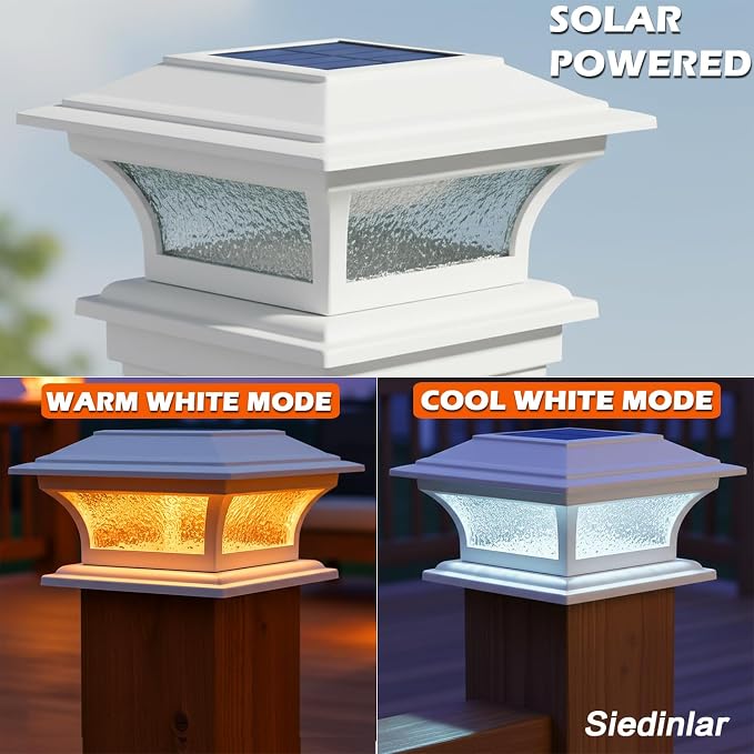 SIEDiNLAR Solar Post Lights Outdoor Glass LED Fence Cap Light 2 Modes for 4x4 5x5 6x6 Posts Deck Patio Garden Decoration Warm White/Cool White Lighting White (4 Pack)