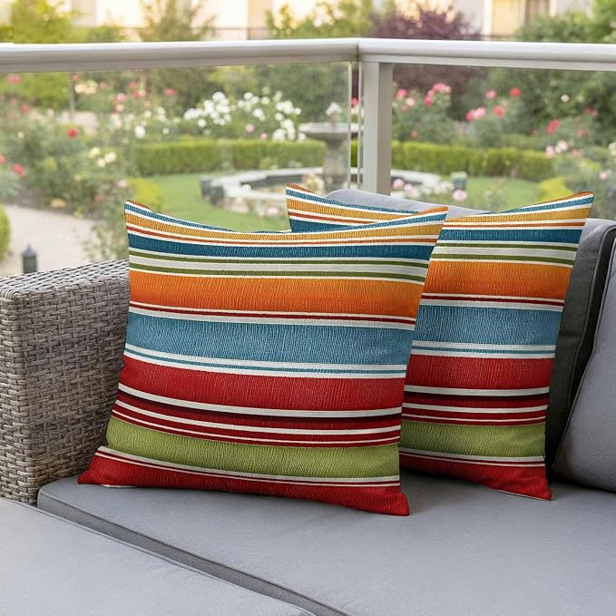 Yukro Color Striped Outdoor Waterproof Pillow Covers Pack of 2, Orange Blue Red Green Stripes Abstract Modern Throw Pillowcases Decorative Cushion Covers for Garden Patio Tent Sofa Couch, 26x26 inch