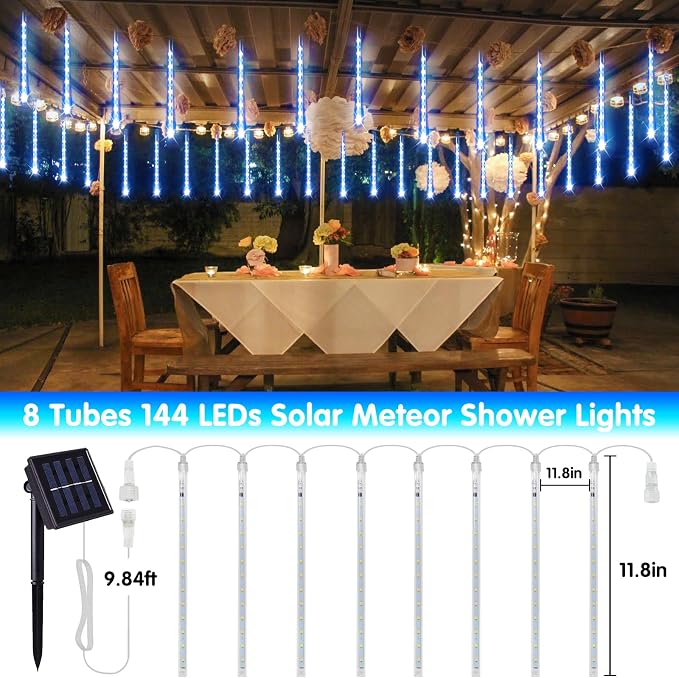 JMEXSUSS Blue and White Solar Meteor Shower Rain Lights | 8 Tube 144 LED Solar Christmas Lights for Party Holiday Yard Patio Decorations