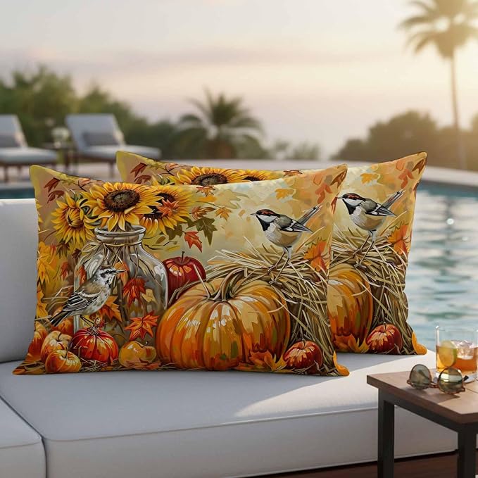 Fall Pumpkins Outdoor Pillow Covers 20x12 Inch Lumbar Pillow Covers Set of 2 Waterproof Decorative Throw Pillow Cases Sunflowers Birds Thanksgiving Oil Painting Cushion Covers for Patio Furniture