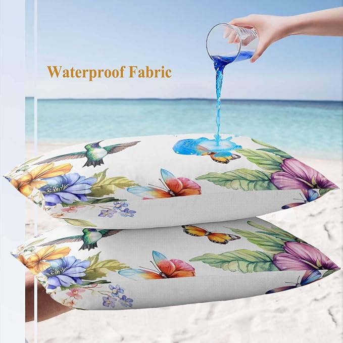Spring Flowers Bird Outdoor Waterproof Throw Pillow Covers Set of 2, 20"x12", Hummingbird Butterfly Rustic Decorative Pillow Covers Outside Cushion Case for Patio Porch Garden