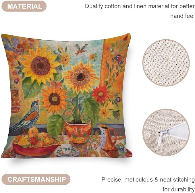 Throw Pillowcase Colorful Painting of Sunflowers Cushion Case 16"x16" Vintage Sunflower Decorations Pillow Covers Cushion Case for Sofa Couch Decorative Cutton Linen Cushion Cases