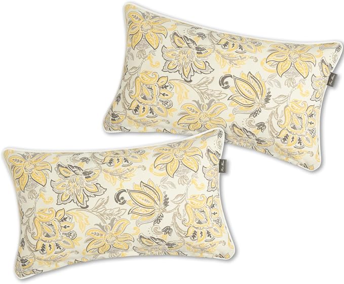 Outdoor Lumbar Pillows Water Resistant 12x20 inch,Decorative Throw Pillow Set of 2 with Insert,Hidden Zipper Headrests for Patio Furniture Sofa Couch Chair(Yellow Flower)