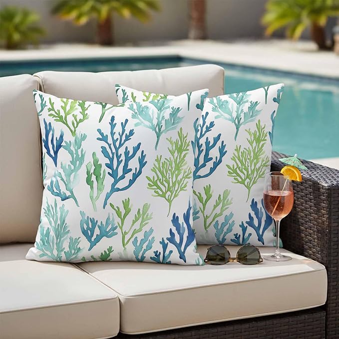 Ocean Teal Outdoor Waterproof Throw Pillow Covers Set of 2, 18"x18", Blue Green Coral Underwater Garden Coastal Decorative Pillow Covers Outside Cushion Case for Patio Porch Garden