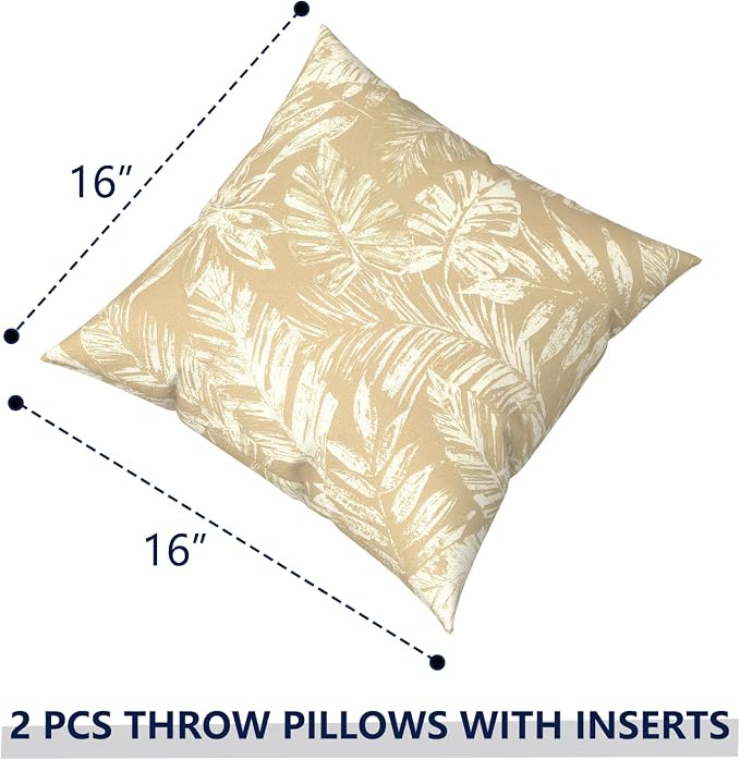 Outdoor Pillows with Insert 16x16 Inch, Waterproof Throw Pillow for Patio Furniture, Decorative Back Cushion for Garden Home Sofa Office Chair, Set of 2, Tropical Leaf Oat