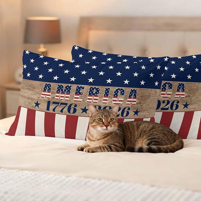 250th Anniversary Outdoor Pillow Covers 20"x12" Set of 2, Waterproof Throw Pillow Covers for Patio Furniture, USA Flag Red Striped Blue Star Retro Decorative Cushion Covers for Porch