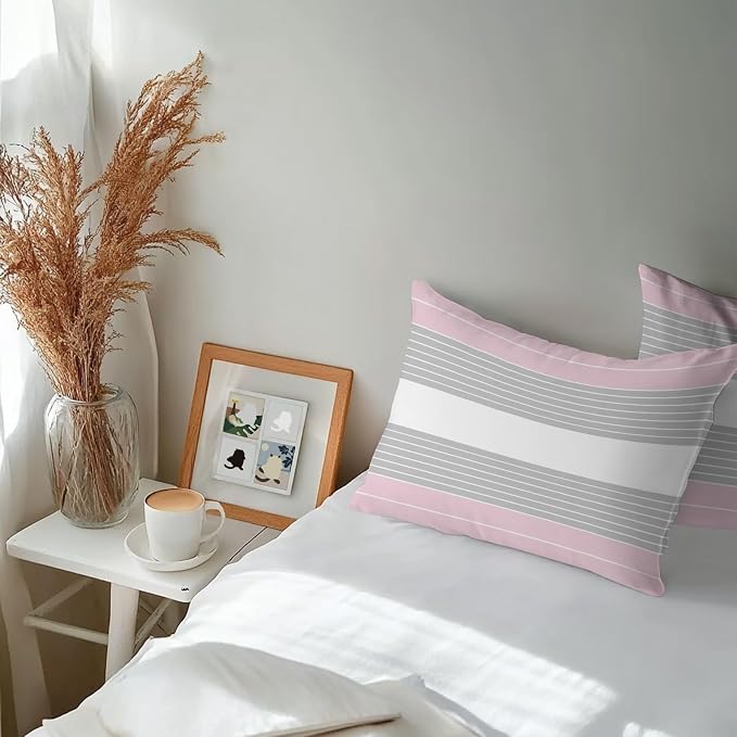 Pink Grey Stripe Outdoor Pillow Covers Waterproof, All Weather Cushion Case Set of 2, Modern Art Horizontal Striped Lumbar Pillowcase for Sofa Couch Bed Decor Patio Furniture 20"x12"