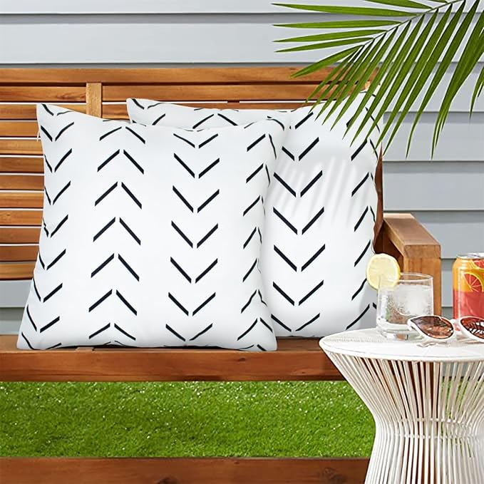 Adabana Geometric Waterproof Outdoor Pillow Covers 18x18 Black and White | Set of 2 Waterproof Design for Patio, Porch, Garden and Beach Decor