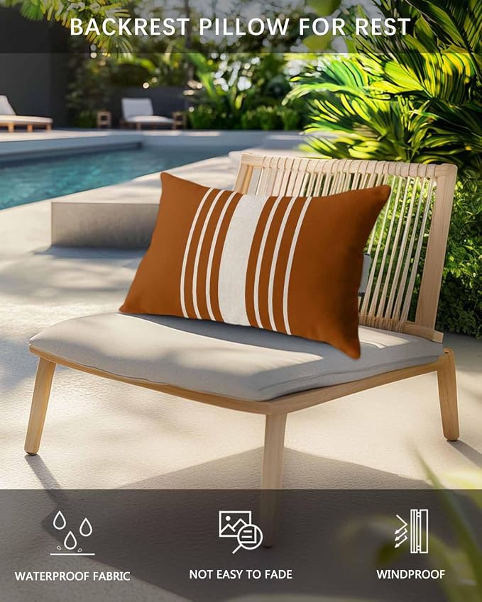 Pack of 4 Outdoor Lumbar Pillow Covers 12x20 Inch, Burnt Orange Beige Striped Waterproof Throw Pillow Covers Set, Modern Farmhouse Retro Lines Indoor&Outdoor Cushion Cases for Patio Porch Beach