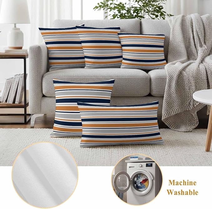 Outdoor Pillow Covers 26 x 26 Inches, Orange Grey Striped Waterproof Throw Pillow Cover Set of 2, Farmhouse Stripes Modern Abstract Art Decorative Square Cushion Covers for Patio/Couch/Garden