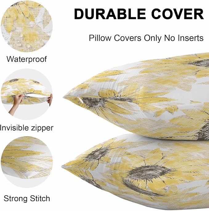 Vandarllin Outdoor Throw Pillows Covers 20x12 inch Set of 2 Waterproof Yellow Sunflower Decorative Zippered Cushion Covers for Patio Furniture, Flower Field Lumbar Pillowcases