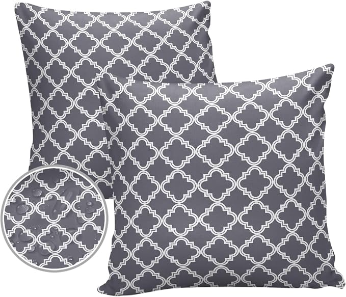 Outdoor Waterproof Pillow Covers for Patio Furniture Moroccan Pattern Decorative Throw Pillow Cover Dark Grey Pillowcases Set of 2 Cushion Case for Sofa Couch Chair Home Decor 18x18 inch