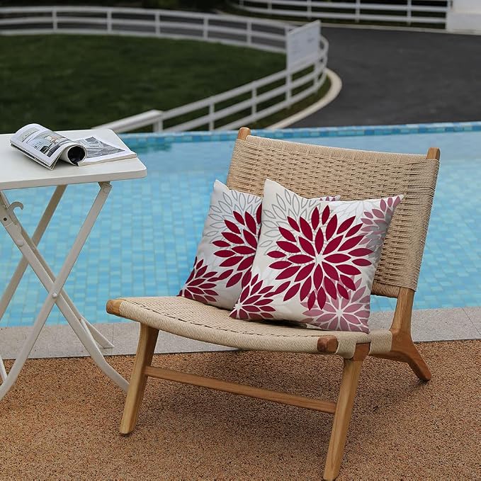 DFXSZ Outdoor Waterproof Pillow Covers 18x18 Set of 2 Wine Red Pink Flower | Spring Summer Waterproof Flower Throw Pillowcases（No Inserts）Decor for Valentines Patio Funiture Garden Polyester Covers