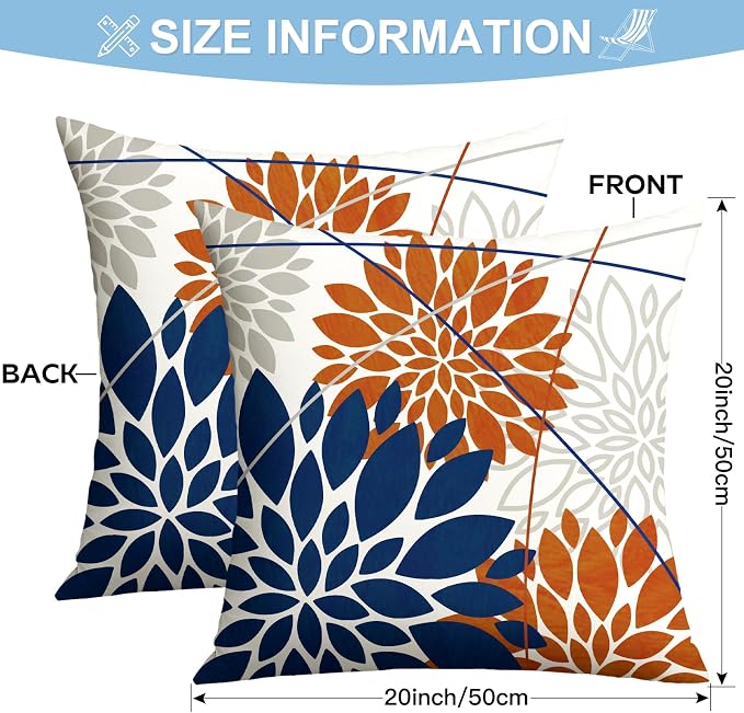 OTOSTAR Outdoor Dark Blue Orange Pillow Covers 20x20 Inch Set of 2 Beige Flower Throw Pillows Farmhouse Geometric Dahlia Floral Square Cushion Case Waterproof Decor for Sofa Patio Funiture Garden