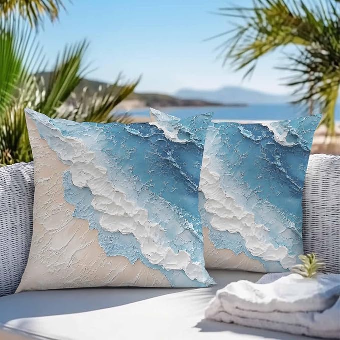 Summer Beach Theme Outdoor Pillow Covers 16x16in Pack of 2 Waterproof Pillowcase Watercolor Blue Ocean Wave Decorative Throw Cushion Case for Patio Couch Sofa