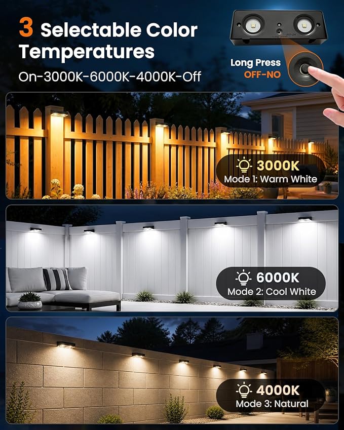 JOFIOS Fence Lights Solar Powered, 3000/4000/6000K 3 Modes Solar Lights for Fence Waterproof IP65 Dusk-to-Dawn LED Deck Lighting for Patio, Railing, Pool, Porch, Backyard, Wall, 8 Pack