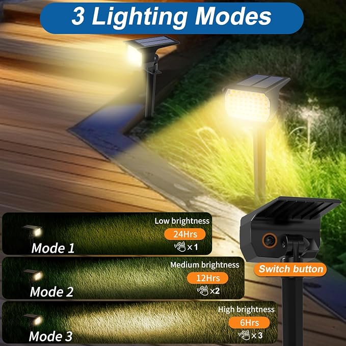 WENATY Solar Spot Lights Outdoor Waterproof 12 Pack Spotlights Warm White | 46 LED Landscape Spotlight, 3 Modes Auto On/Off IP65 Solar Powered Flood Lights for Outside Pathway Yard Garden House Walkway