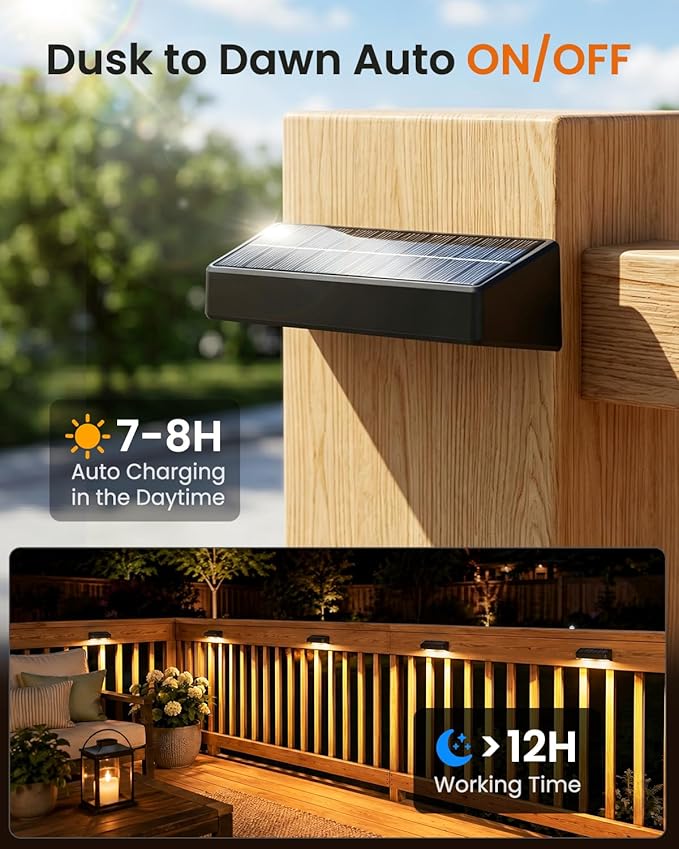 JOFIOS Fence Lights Solar Powered, 3000/4000/6000K 3 Modes Solar Lights for Fence Waterproof IP65 Dusk-to-Dawn LED Deck Lighting for Patio, Railing, Pool, Porch, Backyard, Wall, 8 Pack