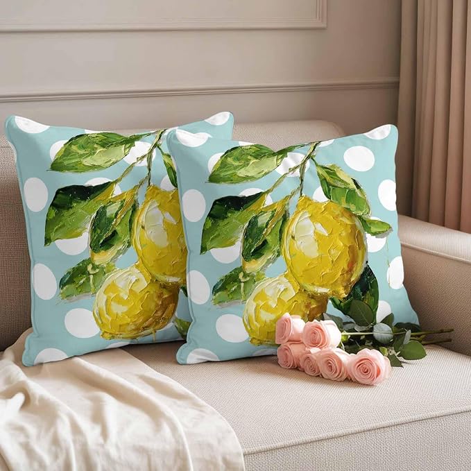 Waterproof Pillow Covers Set of 2,Summer Lemon Leaf Country Fruit Outdoor Pillow Protectors with Zipper Pillowcases for Patio Tent Garden Beach 18x18 Inches Polka Dot Light Blue