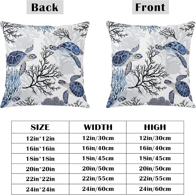 Sea Turtle Pillow Covers Nautical Coastal Throw Pillow Covers 18x18 Set of 2 Beach Ocean Themed Pillow Cases Blue Coral Branch Outdoor Cushion Cases for Living Room Bedroom Garden