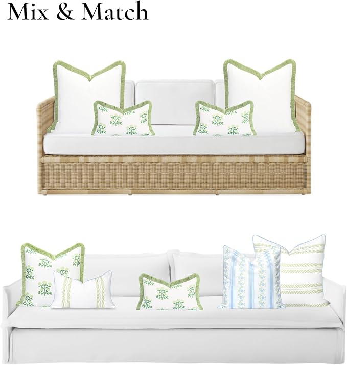 Hofdeco Premium Grandmillennial Coastal Hampton Patio Indoor Outdoor Lumbar Pillow Cover Only, 12"x20" Water Repellent for Backyard, Couch, Poolside, Grass Green Print Hydrangea Flowers