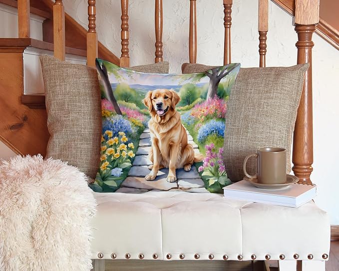 Caroline's Treasures Golden Retriever Spring Path Throw Pillow Machine Washable, Indoor Outdoor Decorative Pillow for Couch, Bed or Patio, 14Hx14W