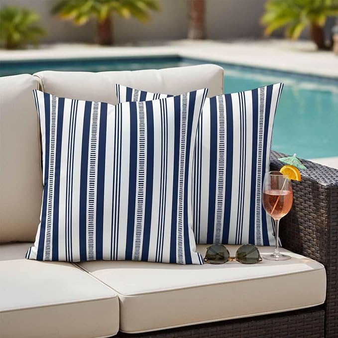 Navy Blue Striped Outdoor Waterproof Pillow Covers, Farmhouse Stripes Modern Geometric Decorative Square Throw Pillowcase Sofa Cushion Sham for Patio/Couch/Chair, 16"x16" 2 Pack