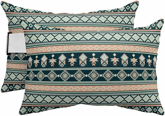 Outdoor Lumbar Pillow Set of 2, Dark Green Boho Striped Waterproof Beach Headrest Pillow with Inserts, Southwestern Ethnic Tribe Vintage Recliner Throw Pillows for Patio Furniture, 11 x 16