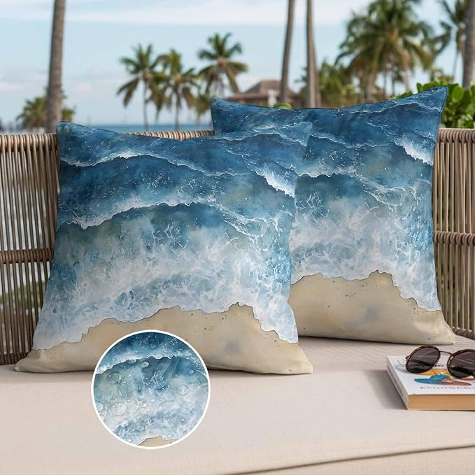 Abstract Waves Outdoor Waterproof Throw Pillow Covers Set of 2, 16"x16", Blue Ocean Spray Beach Watercolor Decorative Pillow Covers Outside Cushion Case for Patio Porch Garden