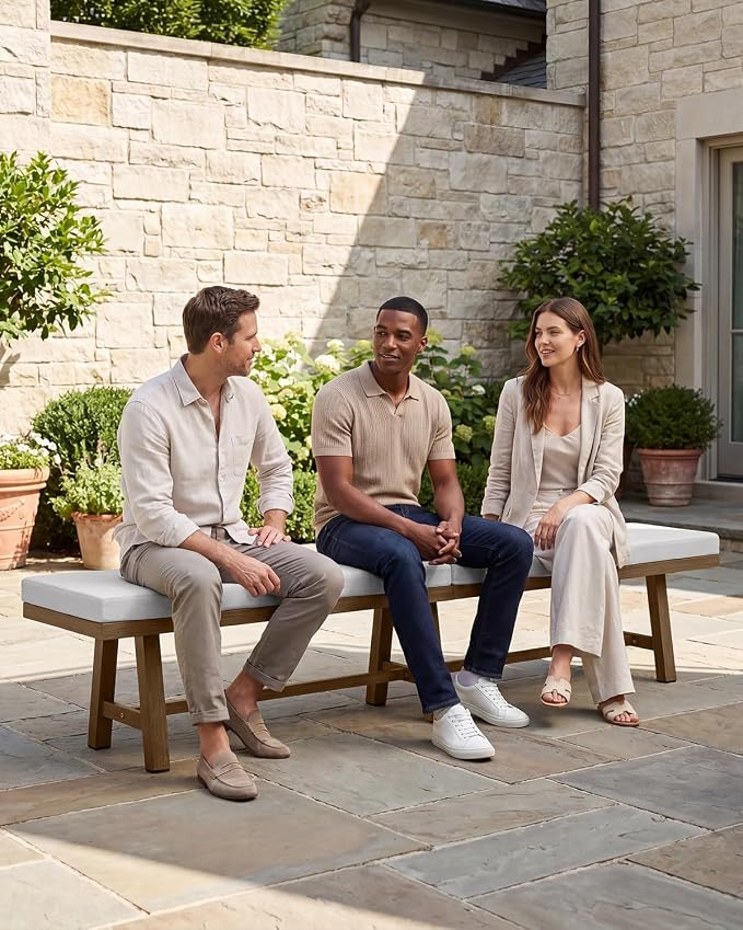 76'' Outdoor Patio Bench, 3-Seat Never-Rust Aluminum Backless Outdoor Bench with Thick Cushion, Weatherproof Outdoor Dining Benches, Outside Porch Benches for Balcony, Deck, Garden, Lawn, Teak