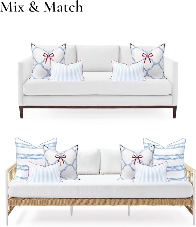 Hofdeco Premium Coastal Hampton Patio Indoor Outdoor Throw Pillow Cover Only, 20"x20" Water Repellent for Backyard, Couch, Poolside, Azure Blue Red Embroidered Ribbon Bow Tie on Leaves