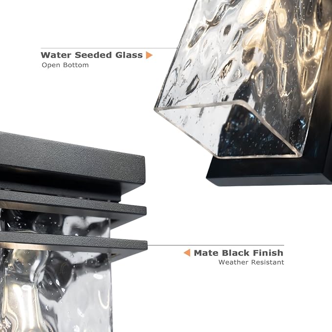 Modern Outdoor Wall Light Exterior Sconce with Dusk to Dawn | Black,Water Seeded Glass,Open Bottom,Outside Porch Lighting Fixture,E26