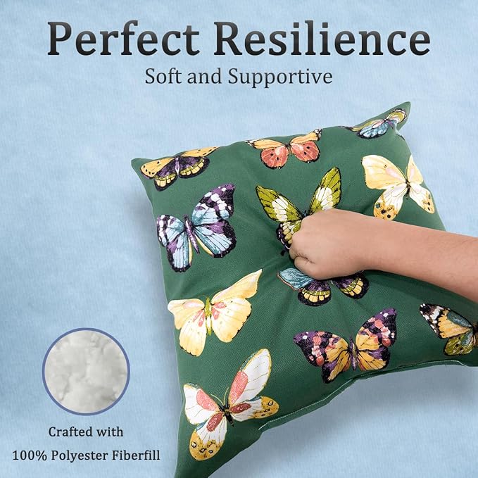 Outdoor Throw Pillows Waterproof Set of 4 18x18 Inches for Sofa, Couch, Bed & Patio Furniture | Green Butterfly Outdoor Pillows with Insert
