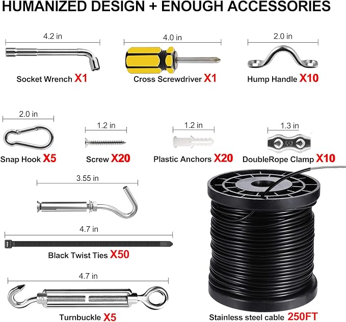 BLIKA String Light Hanging Kits, 250FT Coated Stainless Steel 304 Wire Rope | Outdoor Light Guide Wire, Globe String Light Suspension Kit Included Turnbuckles, Enough Accessories, Use Manual