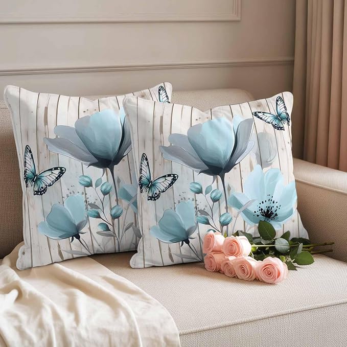 Blue Tulip Waterproof Outdoor Pillow Covers Set of 2 Home Decor, Country Spring Butterfly Floral Wooden Grain Pillowcase Patio Pillow Covers for Couch Bench Furniture Garden 18x18in