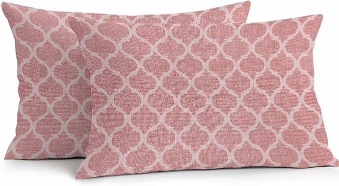 Coral Pink Morocco Outdoor Pillow Covers 20x12 Inch Lumbar Pillow Covers Set of 2 Waterproof Decorative Throw Pillow Cases Vintage Geometric Plaid Mahbudium Cushion Covers for Patio Furniture Garden
