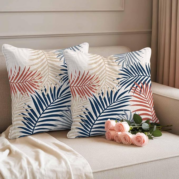Outdoor Waterproof Throw Pillow Covers, Red Blue Yellow Palm Leaves Decorative Pillow Cases, Summer Botanical Tropical Leaf Couch Pillow Protector Patio Sofa Cushion Covers Replacement 26"x26" 2 Pack