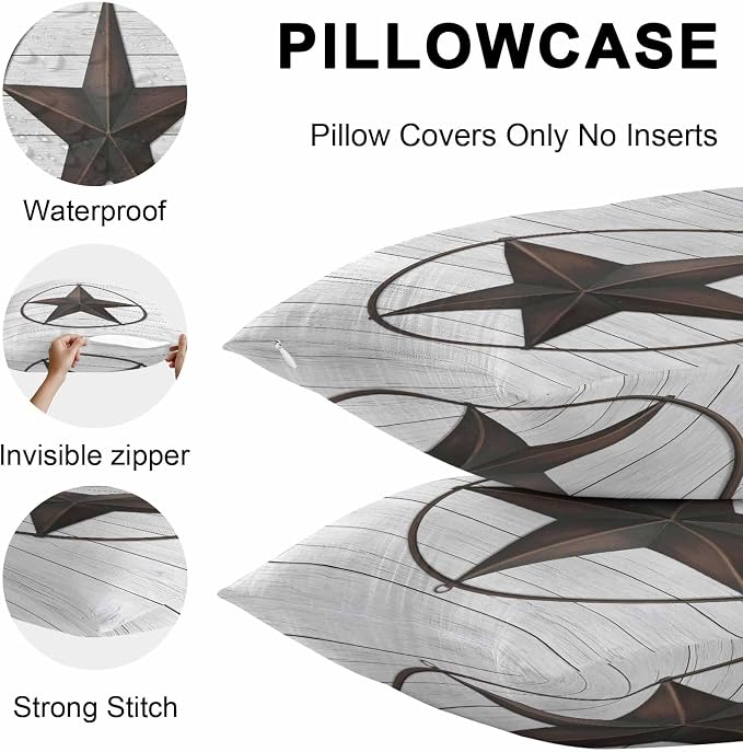 Outdoor Waterproof Pillow Covers for Patio Furniture Western Texas Barn Stars Decorative Throw Pillow Cover Rustic Wooden Pillowcases Set of 2 Cushion Case for Sofa Couch Chair Home Decor 18 x 18 Inch
