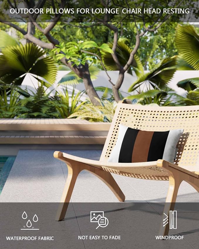 Pack of 2 Outdoor Pillows with Inserts, Boho Modern Vintage Farmhouse Black Brown Stripes Waterproof Fluffy Lumbar Cushion Covers, Patio Furniture Pillows for Balcony Garden Decor (12"x20")