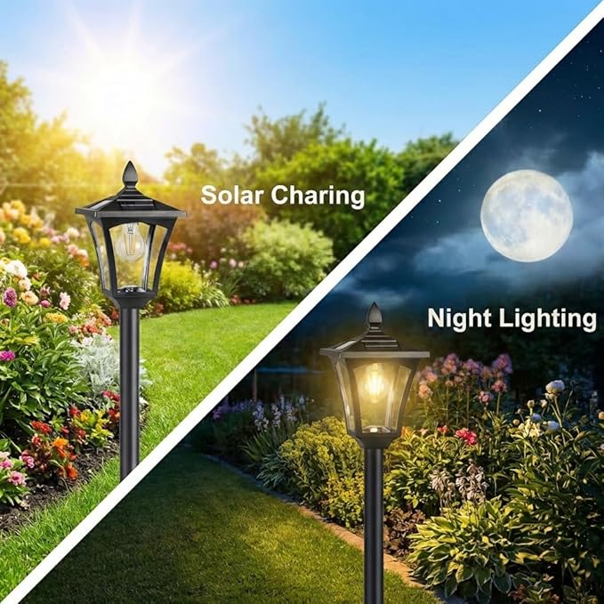Benany 76" Solar Lamp Post Lights with Planter, Glass & Metal Street Light Outdoor Waterproof, 60 Lumens Dusk to Dawn Solar Pole Light for Garden, Yard, Driveway, Porch, Patio, Warm White