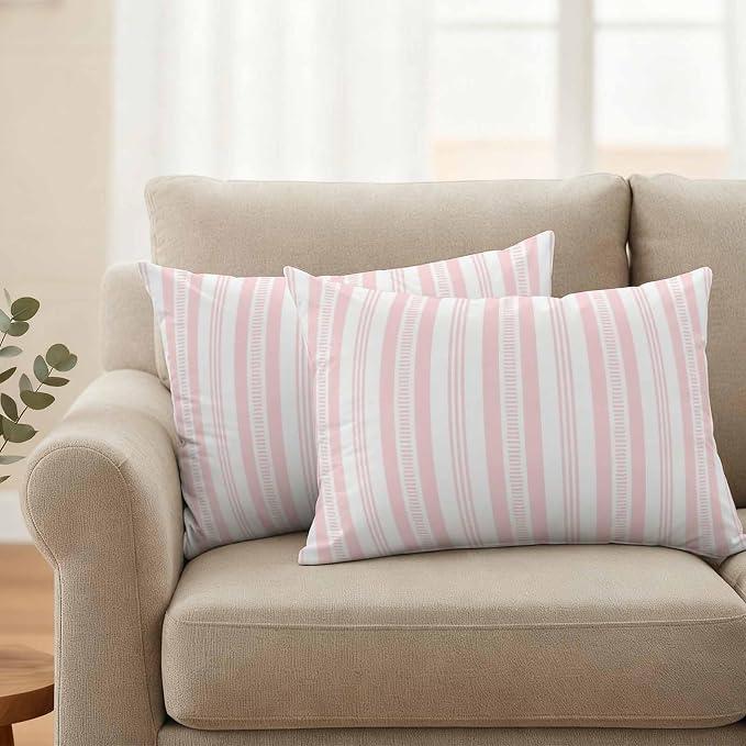 Pink Striped Outdoor Waterproof Pillow Covers, Farmhouse Stripes Modern Geometric Decorative Rectangle Throw Pillowcase Sofa Cushion Sham for Patio/Couch/Chair, 20"x12" 2 Pack