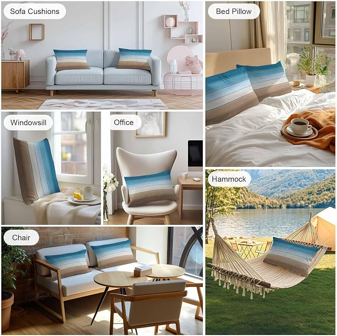 Blue Beige Brown Outdoor Pillow Covers 20x12 Inch Lumbar Pillow Covers Set of 2 Waterproof Decorative Throw Pillow Cases Country Retro Gradient Wooden Grain Cushion Covers for Patio Furniture Garden