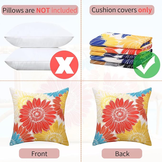 Summer Decorative Sunflower Pillow Covers Outdoor Red Orange Throw Pillow Covers Waterproof Floral Square Farmhouse Cushion Throw Pillowcase 18x18 Set of 2 for Living Room Sofa Patio Furniture Garden