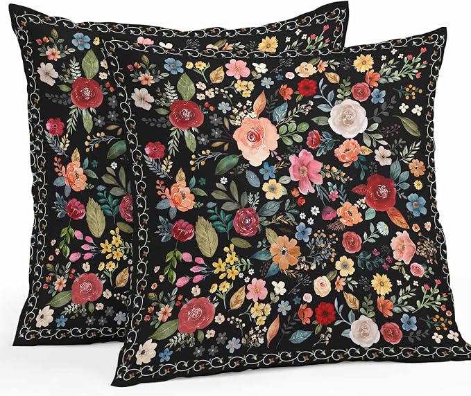 Vandarllin Outdoor Throw Pillows Covers 20x20 inch Set of 2 Waterproof Black Floral Decorative Zippered Cushion Covers for Patio Furniture, Farmhouse Vintage Flower Lumbar Pillowcases